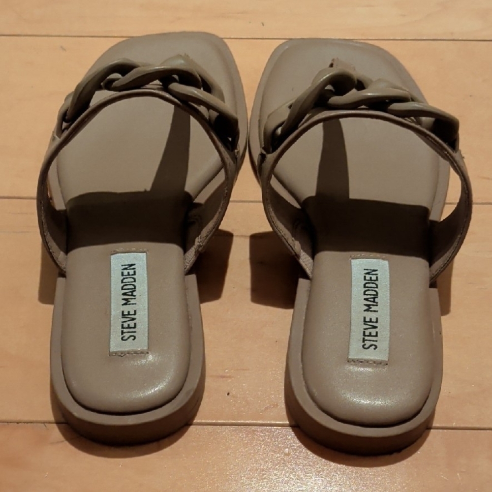 Steve Madden Ariellah Chain Sandals 6.5M Taupe Square Toe Slides - Picture 4 of 8